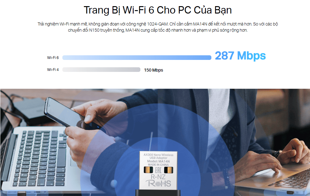 Mercusys MA14N – Card mạng không dây USB WiFi Nano chuẩn AX300Mbps, nhỏ gọn, ổn định và tiện lợi